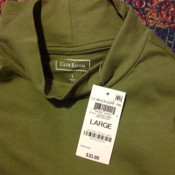 Club Room Men's Large Mock Turtleneck Lt Green Long Sleeve Shirt-New with Tags - Picture 4 of 6